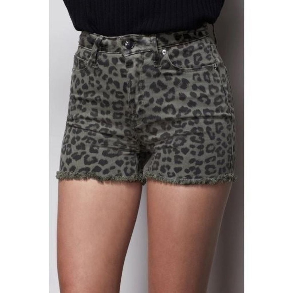 Good American Green and Black Leopard Print High Waist Shorts Size 8/29 Stretch